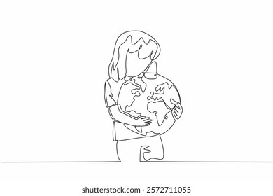 Continuous one line drawing girl hugging globe. A symbol of great affection. Take part in protecting the environment. Do not litter. Care. World Give Day. Single line draw design vector illustration