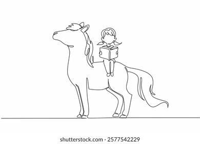 Continuous one line drawing girl reading book on cute horse. Read about ordinary horse can turn into a unicorn. Fiction. Girl Reading Book at Animal Back. Single line draw design vector illustration