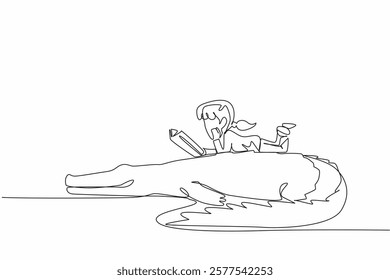 Continuous one line drawing girl reading book on cute crocodile. Lying on stomach reading book. Reading tips and tricks. Girl Reading Book at Animal Back. Single line draw design vector illustration