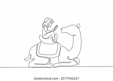 Continuous one line drawing girl reading book on cute camel. Reading the advantages of camels compared to other livestock. Girl Reading Book at Animal Back. Single line draw design vector illustration