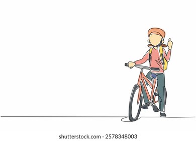 Continuous one line drawing girl stands on bicycle with one hand forms thumbs up gesture. Pumping up adrenaline for knowledge. National Bike to School Day. Single line draw design vector illustration