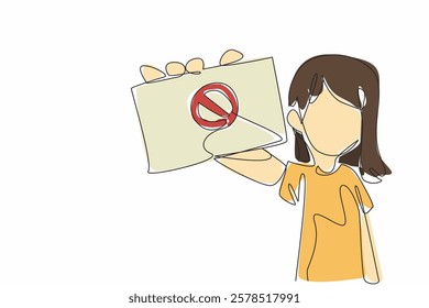 Continuous one line drawing girl raises hand holding paper with forbidden sign. Anti bullying campaign in schools. Make more friends. Anti Bullying Day. Single line draw design vector illustration