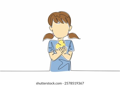 Continuous one line drawing girl holding chick with both hands. Playing with adorable chicks. Livestock. Animal pet. International Respect for Chickens Day. Single line draw design vector illustration