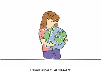 Continuous one line drawing girl hugging globe. A symbol of great affection. Take part in protecting the environment. Do not litter. Care. World Give Day. Single line draw design vector illustration