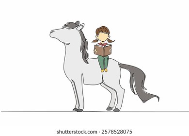 Continuous one line drawing girl reading book on cute horse. Read about ordinary horse can turn into a unicorn. Fiction. Girl Reading Book at Animal Back. Single line draw design vector illustration