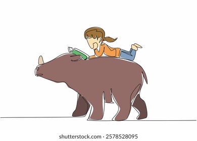 Continuous one line drawing girl reading book on cute rhinoceros. Reading about the benefits of rhinos to nature. Nerd. Girl Reading Book at Animal Back. Single line draw design vector illustration