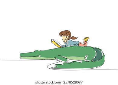 Continuous one line drawing girl reading book on cute crocodile. Lying on stomach reading book. Reading tips and tricks. Girl Reading Book at Animal Back. Single line draw design vector illustration