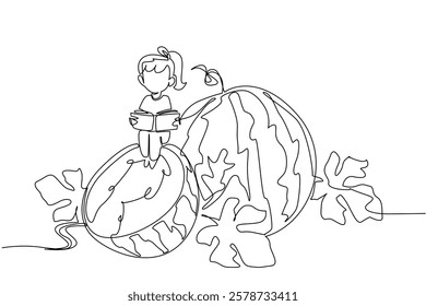 Continuous one line drawing girl reading on a watermelon cut in half. Memorize the exam material. Study hard. Girl Reading Book at Vegetables and Fruits. Single line draw design vector illustration