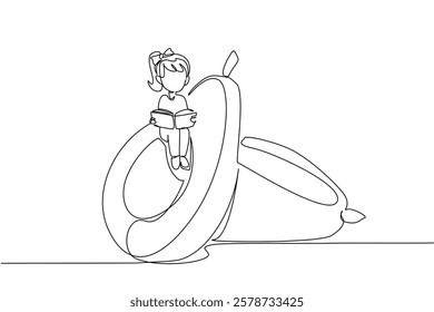 Continuous one line drawing girl reading on a cored avocado. Read carefully before processing avocados. Juice. Girl Reading Book at Vegetables and Fruits. Single line draw design vector illustration