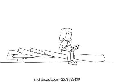 Continuous one line drawing girl reading on leek. Read the recipe on the best processing for spring onions. Girl Reading Book at Vegetables and Fruits. Single line draw design vector illustration