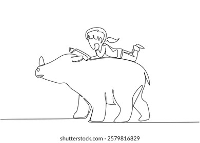 Continuous one line drawing girl reading book on cute rhinoceros. Reading about the benefits of rhinos to nature. Nerd. Girl Reading Book at Animal Back. Single line draw design vector illustration