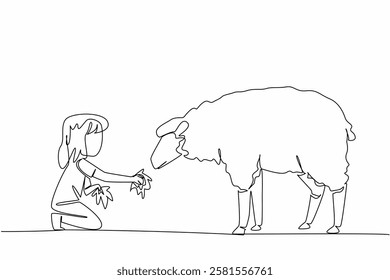 Continuous one line drawing girl holds a handful of grass in her hand and gives it to the sheep. Providing the best grass feed. National Open Farm Day. Single line draw design vector illustration