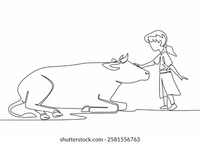 Continuous one line drawing girl stroking the head of a sitting cow. Stroking the animal to calm it down. Study in the right place. National Open Farm Day. Single line draw design vector illustration