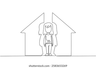 Continuous one line drawing a girl looking down and a house shaped puzzle. Lack of warmth at home. Missing parental affection. National Foster Care Day. Single line draw design vector illustration