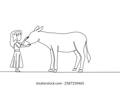 Continuous one line drawing the girl stands in front of the donkey and strokes its head. Learn independence by caring for animals. Care. World Donkey Day. Single line draw design vector illustration