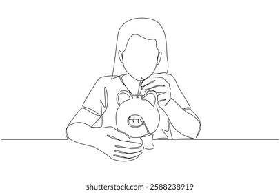 Continuous one line drawing of girl putting banknote into piggy bank, building a habit of saving concept, single line art