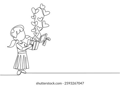 Continuous one line drawing the girl brought a gift box from which lots of hearts came out to the top. A sincere expression of affection. Day of Mother. Single line draw design vector illustration