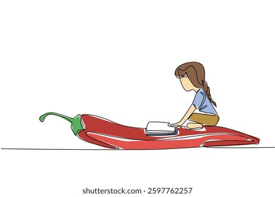 Continuous one line drawing girl reading on chili. Find out about the hottest chilies in the world by reading. Girl Reading Book at Vegetables and Fruits. Single line draw design vector illustration