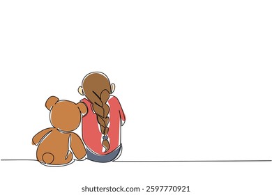 Continuous one line drawing girl sitting bowed on the floor accompanied by teddy bear. Sadness makes the uncomfortable. Childhood Depression Awareness Day. Single line draw design vector illustration