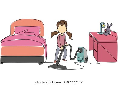 Continuous one line drawing a girl is cleaning her room using a vacuum cleaner. Appropriate technology empowerment. Electric. National Clean Your Room Day. Single line draw design vector illustration