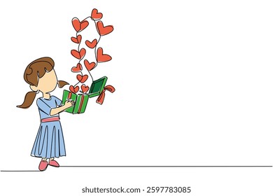 Continuous one line drawing the girl brought a gift box from which lots of hearts came out to the top. A sincere expression of affection. Day of Mother. Single line draw design vector illustration