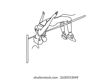 Salto em altura contínuo de uma linha de desenho de menina no campeonato de atletismo. Pessoa feminina, salto e agilidade para exercício cardio ou fitness concurso. Ilustração gráfica vetorial de design de desenho de linha única