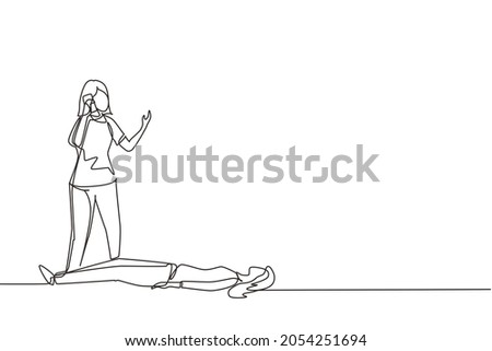 Continuous one line drawing girl calls emergency service by smartphone. Female has heart problems. Passer saves woman with heart attack. First aid. High-priority call. Single line draw design vector