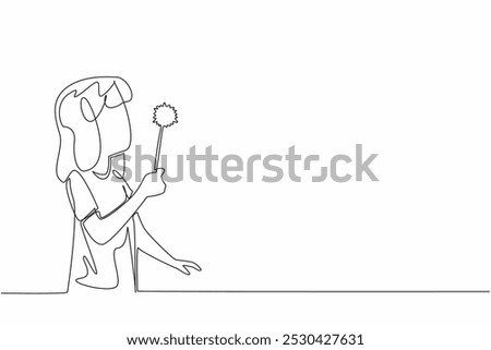 Continuous one line drawing girl holding dandelion and blowing it. Playing and getting benefits from dandelions. Healthy skin. National Dandelion Day. Single line draw design vector illustration