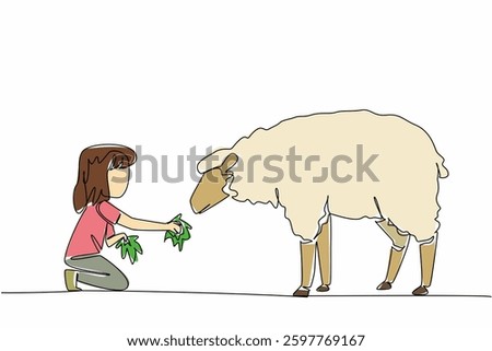 Continuous one line drawing girl holds a handful of grass in her hand and gives it to the sheep. Providing the best grass feed. National Open Farm Day. Single line draw design vector illustration