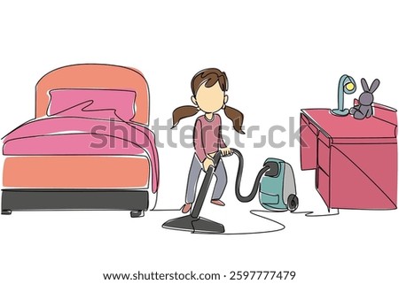 Continuous one line drawing a girl is cleaning her room using a vacuum cleaner. Appropriate technology empowerment. Electric. National Clean Your Room Day. Single line draw design vector illustration
