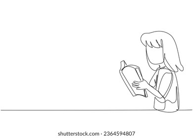 Continuous one line drawing girls are very focused on reading books. Reading fiction story books during school holidays. Book festival concept. Good habit. Single line draw design vector illustration