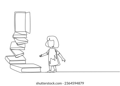 Una línea continua dibujando a las chicas suben las escaleras desde la pila del libro. Hacia la gran puerta abierta. Metáfora de encontrar respuestas de libros. Festival del libro. Ilustración vectorial de diseño de líneas simples