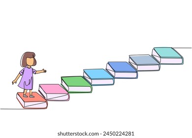 Continuous one line drawing girls climb stairs from books. Reading increases knowledge which can increase the dignity of a better life. Book festival concept. Single line design vector illustration