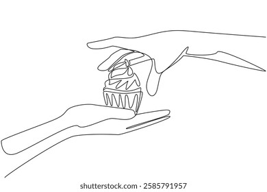 Continuous one line drawing give bubblegum cream cupcakes. Special cake with amazing secret recipe. Taste the pleasure. National Give Someone a Cupcake Day. Single line draw design vector illustration