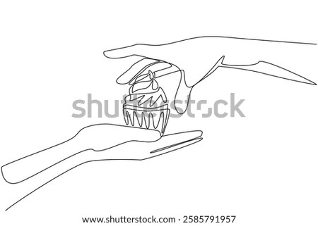 Continuous one line drawing give bubblegum cream cupcakes. Special cake with amazing secret recipe. Taste the pleasure. National Give Someone a Cupcake Day. Single line draw design vector illustration