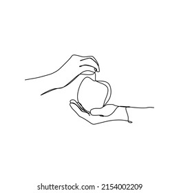Dibujo continuo de una línea dando un fruto a la otra. Estilo simple dibujado a mano para el concepto de vida social. ilustración vectorial de diseño de línea única