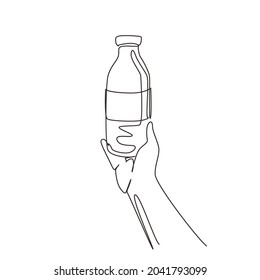 Continuous one line drawing glass bottle packaging of milk in man hand. Fresh milk, healthy food, for kids health food nutrition. Happy Day of Milk. Single line draw design vector graphic illustration