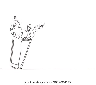 Continuous one line drawing glass of spilling juice with splash. Glass of splashing fresh orange juice. Splash refreshment orange juice from glass. Single line draw design vector graphic illustration