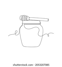 Continuous one line drawing of glass jar with delicious fresh honey icon in silhouette on a white background. Linear stylized.