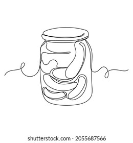 Continuous one line drawing of a glass jar with pickles in silhouette on a white background. Linear stylized.