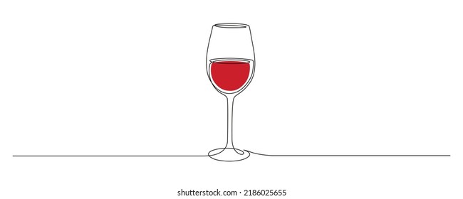Continuous one line drawing of glass of red wine. Minimalist holiday concept of celebrate toast and cheering drink in simple linear style. Editable stroke. Outline Vector illustration