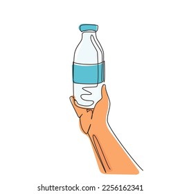 Continuous one line drawing glass bottle packaging of milk in man hand. Fresh milk, healthy food, for kids health food nutrition. Happy Day of Milk. Single line draw design vector graphic illustration