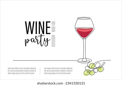 Continuous one line drawing of glass with red wine and grape. Single line drawing of wineglass, glassware for alcohol with place for text Lineart style for wine tasting event, menu, poster, banner