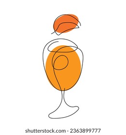 Kontinuierliche Einzeilenzeichnung von Glas mit orangefarbenem Getränk und einer Scheibe Orange. Alkohol, Cocktail, Wein, Fruchtsaft. Vektorgrafik einzeln auf Weiß. Print, Restaurant, Menü, Bar, Café, Broschüre, Poster, Essen