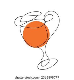 Continuous one line drawing of glass with orange drink. Alcohol, tropical cocktail, wine, fruit juice. Vector isolated on white. Print, restaurant, menu, bar, cafe, brochure, poster food blog