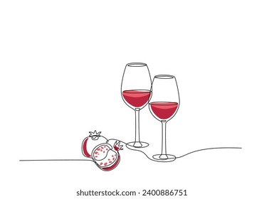 Continuous one line drawing of glass with wine and pomegranate. Single line drawing of wineglass, glassware for alcohol with place for text Lineart style for wine tasting event, menu, poster, banner