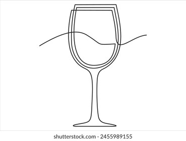 Continuous one line drawing of a glass of wine. Champagne and drinking wine from a glass. Celebration party concept isolated on white background. Minimalist stylish art. Vector illustration
