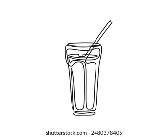 Kontinuierliche eine Linie Zeichnung von Glas Wasser mit Eis, altes Getränk mit einem Stroh zum Trinken.  Vektorillustration