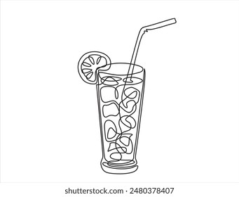 Continuous one line drawing of Glass of lemonade, or cocktail with lemon. 