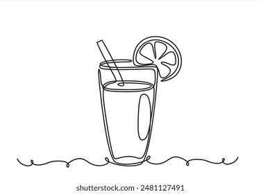 Continuous one line drawing of Glass of lemonade, or cocktail with lemon.	